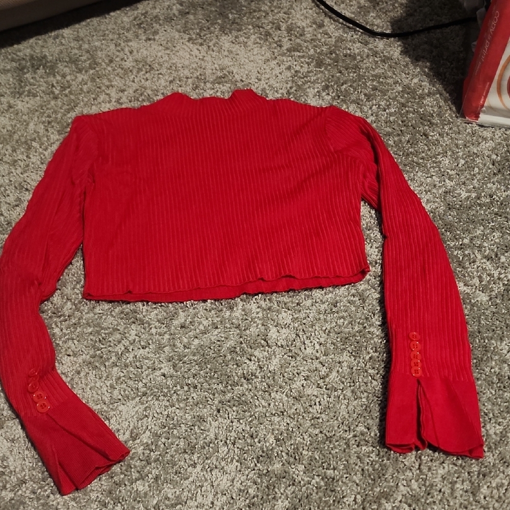Red Ribbed Long Sleeve Top